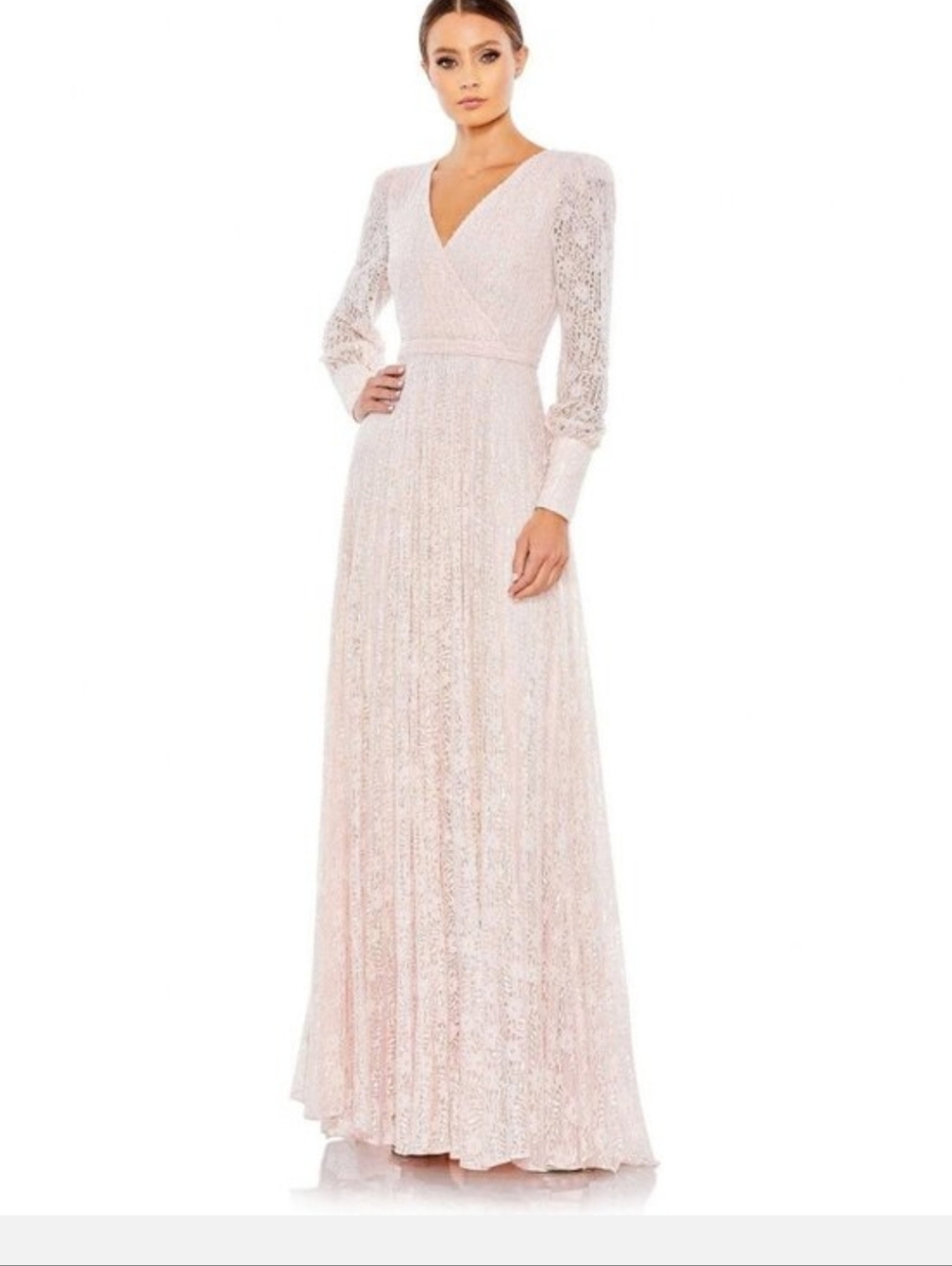 Mac Duggal Blush Lace V-Neck Maxi Dress